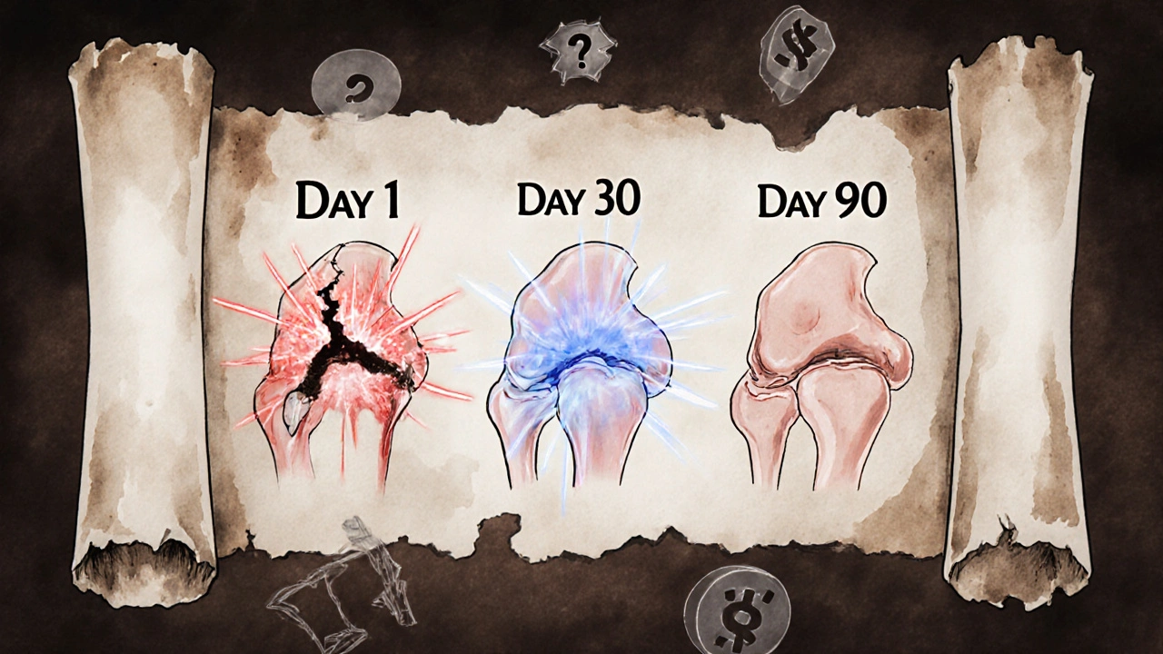A three-month timeline showing joint healing with Diacerein compared to other osteoarthritis treatments.