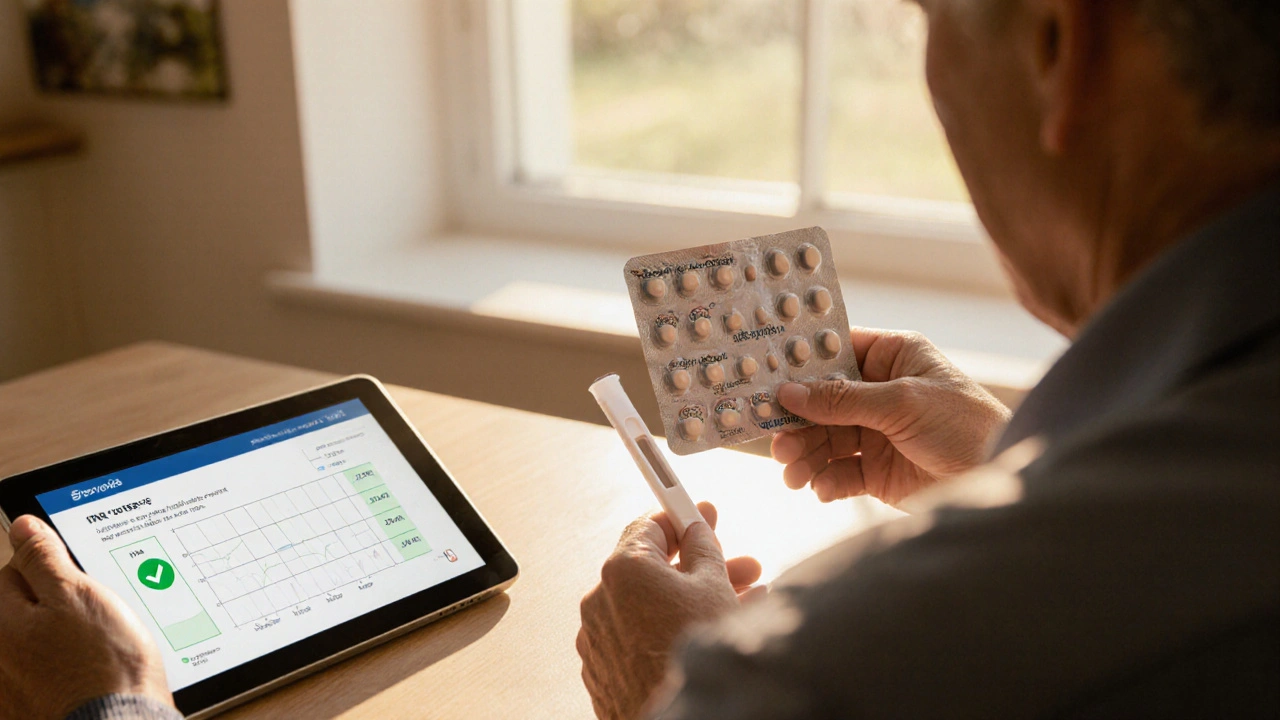 Adult at kitchen table holding warfarin pack and INR test strip, tablet showing green check.