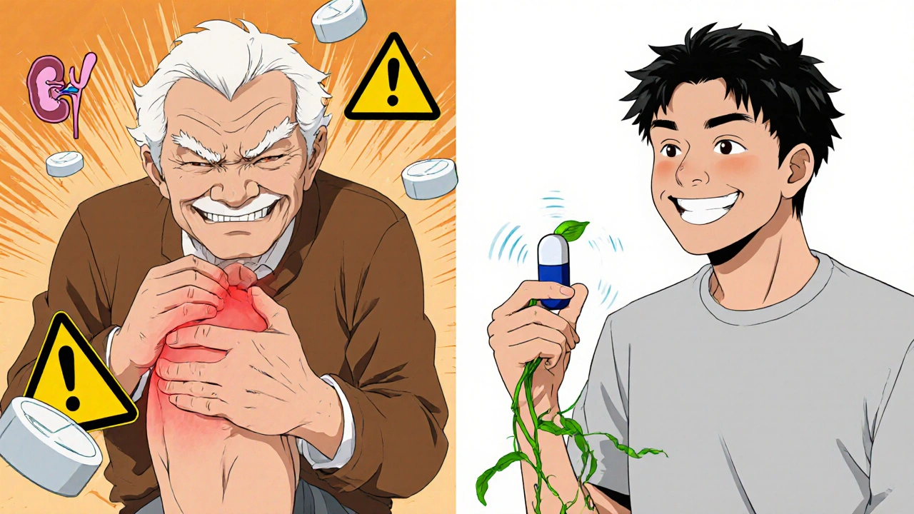 An elderly person choosing Diacerein over NSAIDs, with symbols of side effects and joint protection.