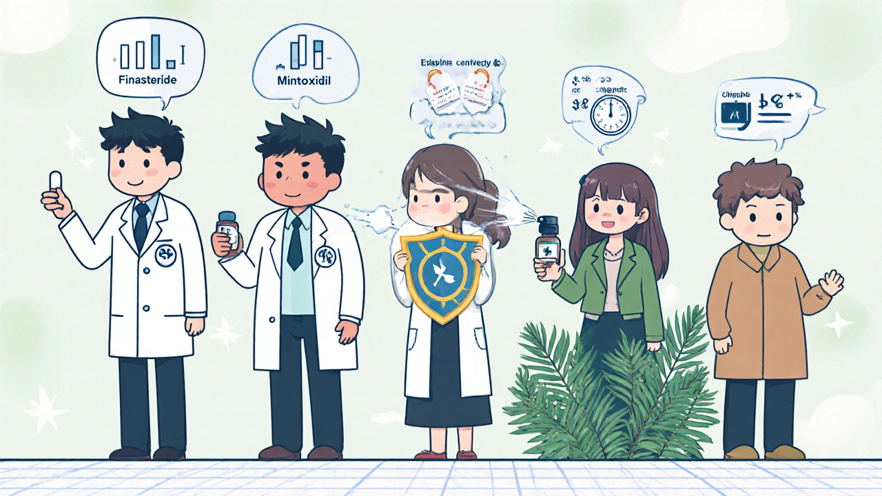 Anime characters representing Finasteride, Dutasteride, Minoxidil, Spironolactone, and Saw Palmetto with floating stats.