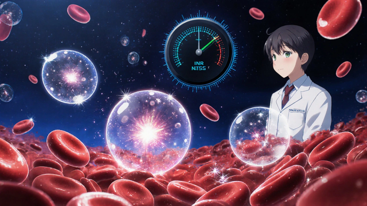 Anime illustration of platelets blocked by glowing molecules and a lab technician observing blood test results.