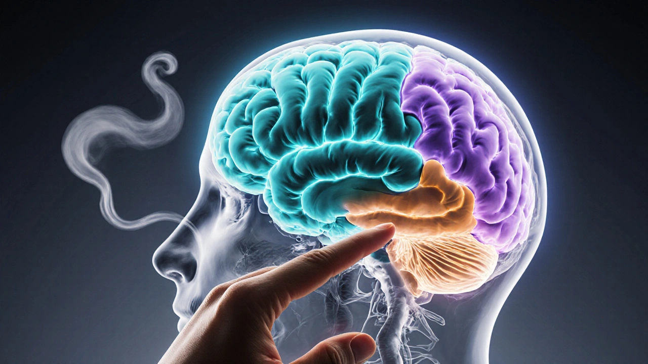 Brain illustration highlighting PFC, amygdala, and DMN with glowing colors after mindfulness.