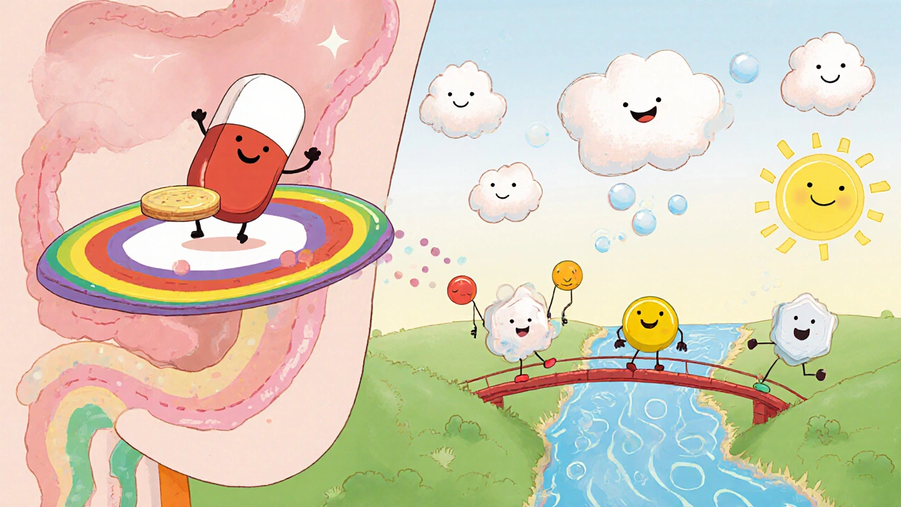 Cartoon journey of calcium acetate dissolving, ions entering blood, and acetate becoming CO₂.