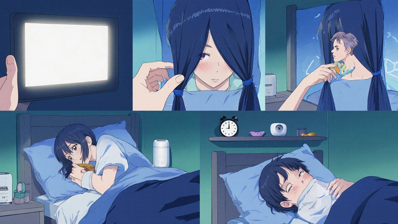 Character follows bedtime routine: curtains closed, thermostat set, white‑noise machine on.