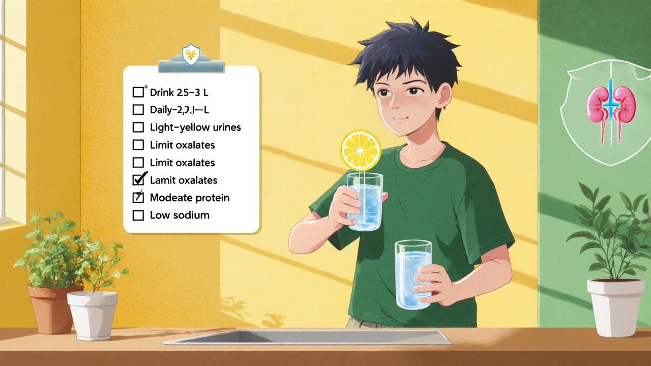 Cheerful character drinking water with lemon and a floating checklist of stone‑prevention tips.