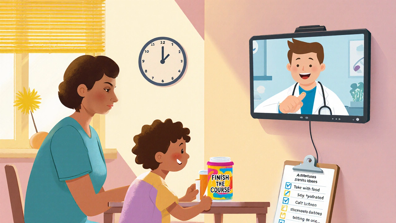 Child at kitchen table with parent and doctor on screen, holding medicine cup and reading dosage tips.