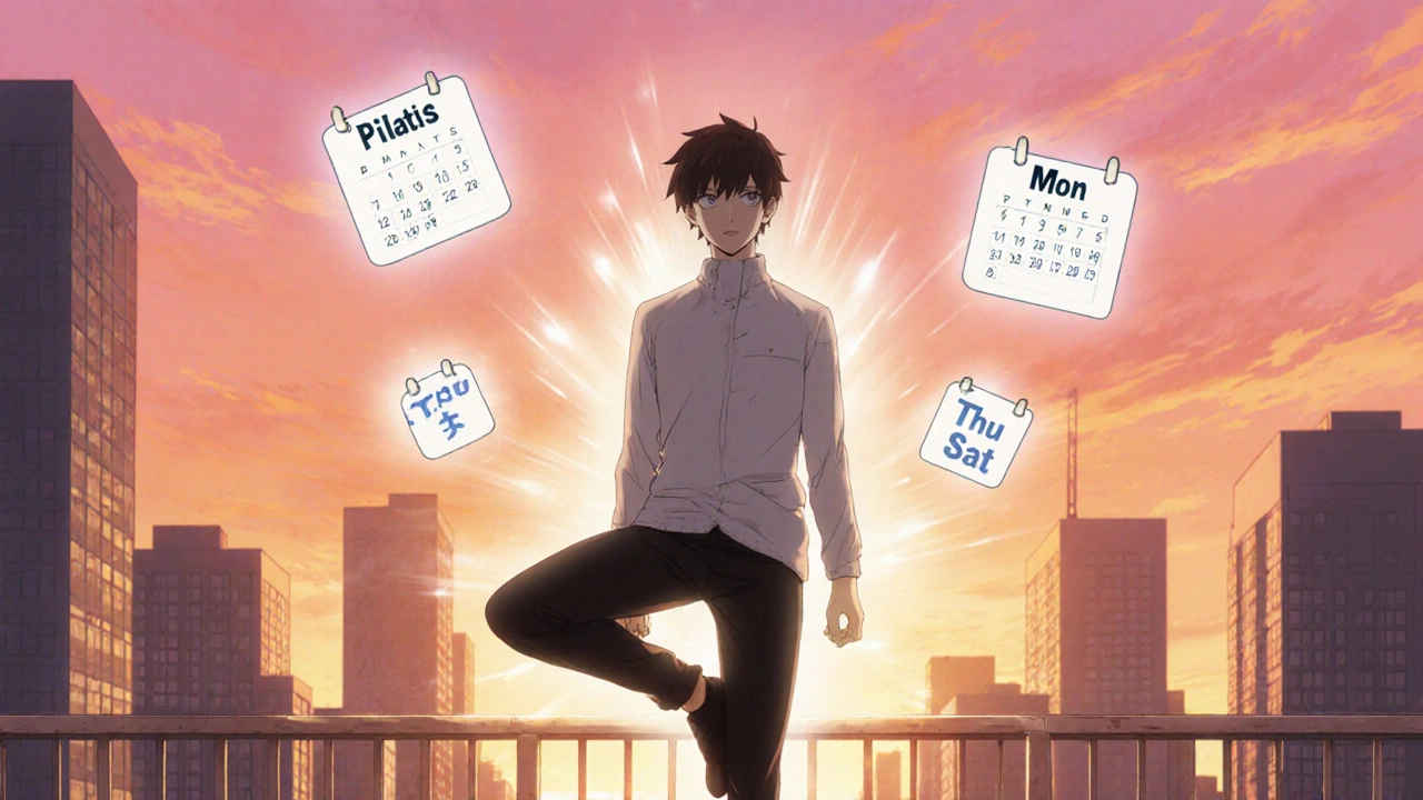 Confident figure balances on a balcony at sunset, radiating a stable core aura.