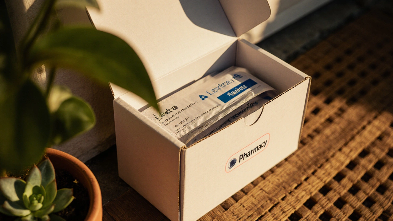 Discreet white box with generic Levitra tablets on a doorstep.
