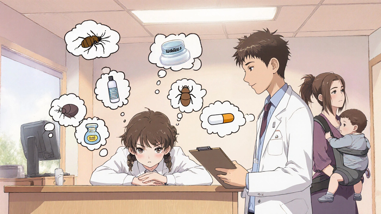 Doctor discussing treatment options with a teen and caregiver in a clinic.