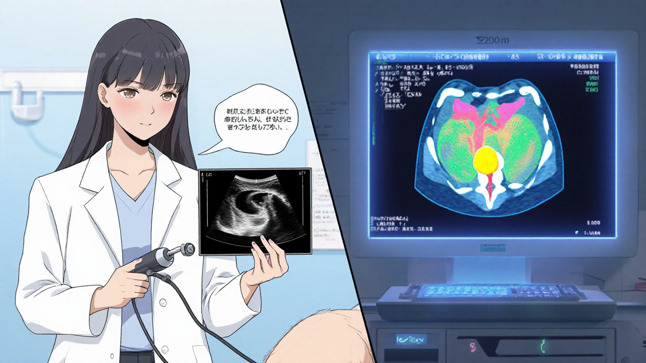 Doctor using ultrasound and CT scan console showing kidney stone images side by side.