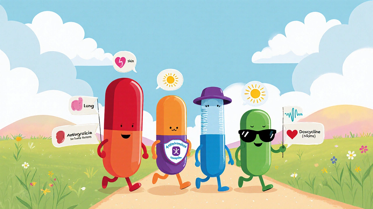 Five friendly medicine characters marching in a meadow, each showing its name and common use.