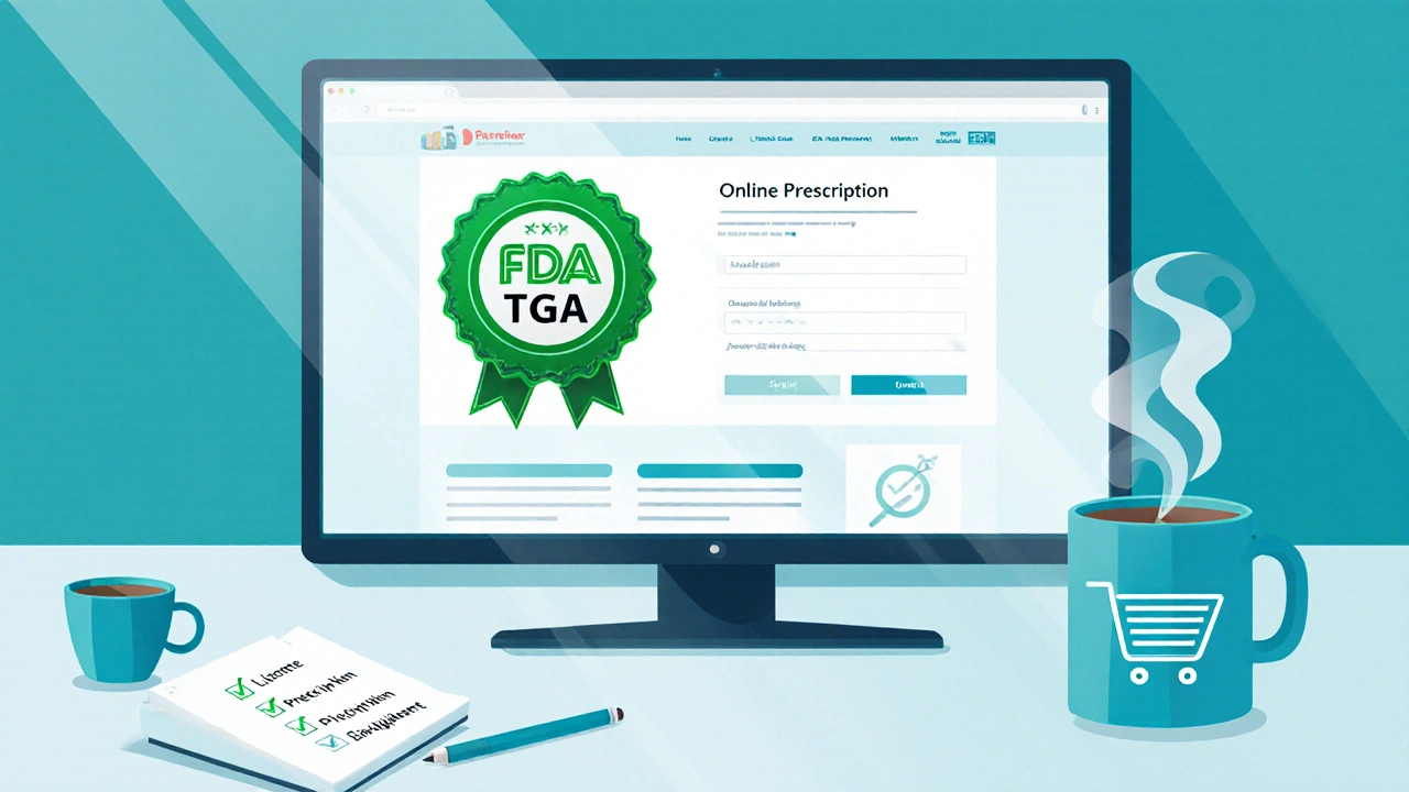 Flat illustration of a computer screen showing a pharmacy site with approval badge, prescription upload, and checklist icons.