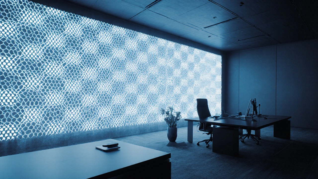 Futuristic room wall made of glowing 3‑D‑printed acoustic lattice panels.