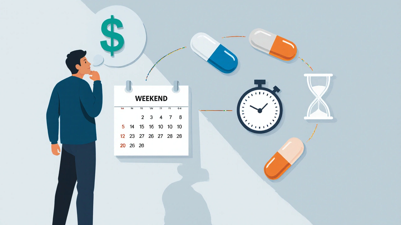 Illustration of a man choosing between pills, with icons for cost, onset, and duration above a weekend calendar.