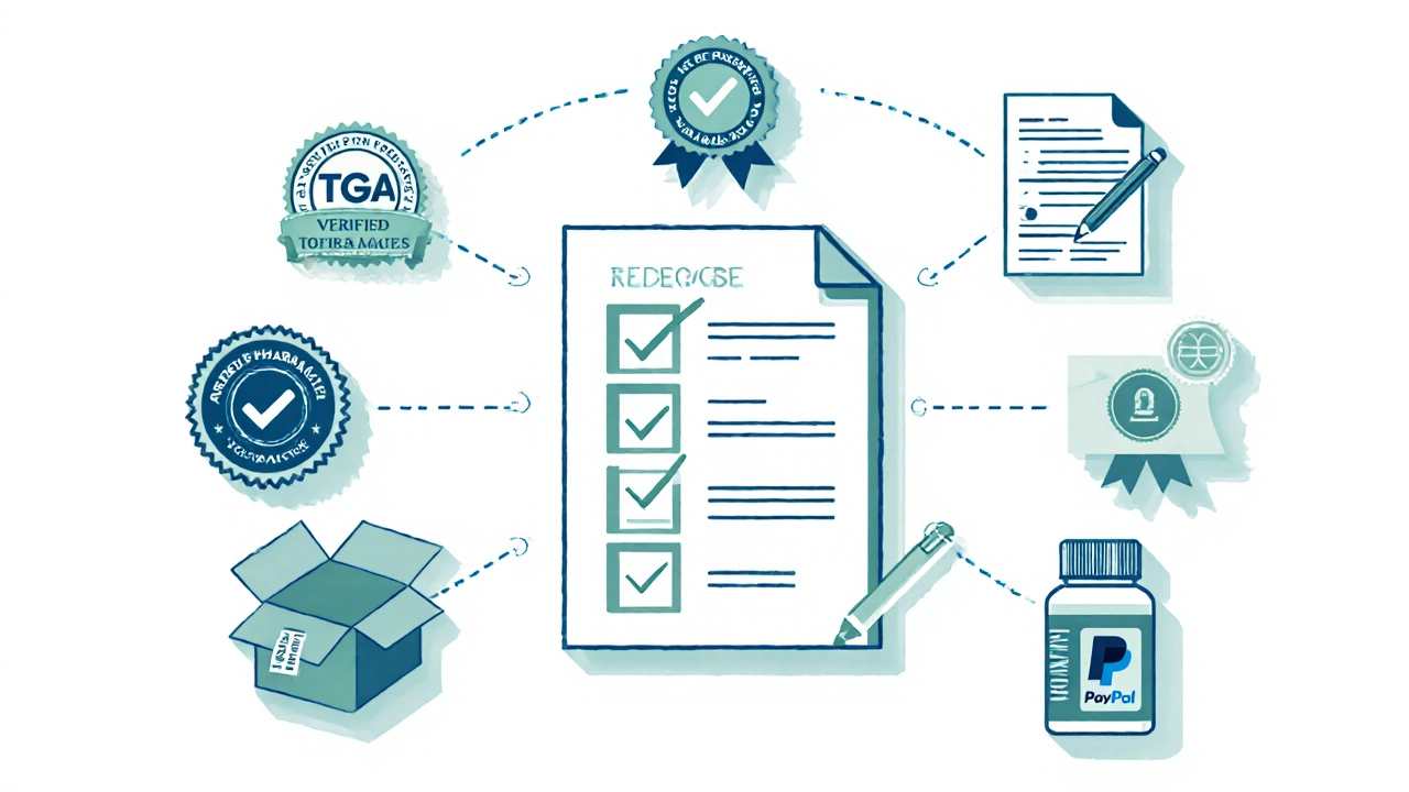 Illustration of seven safety icons: TGA badge, prescription, pharmacy seal, tracked box, payment cards, certification, tablet bottle.