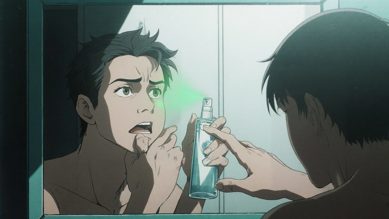 Man applying topical spray to penis, partner hesitating nearby.