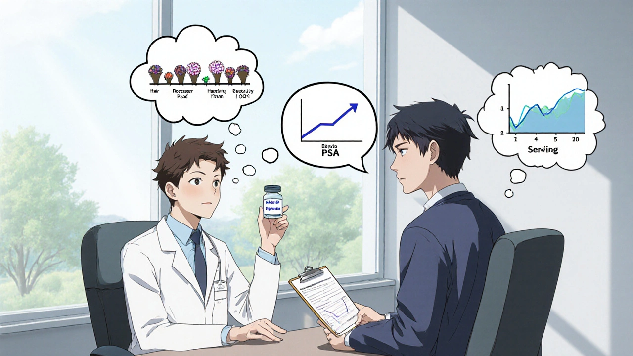 Man consulting doctor, thinking about hair regrowth and PSA test results.