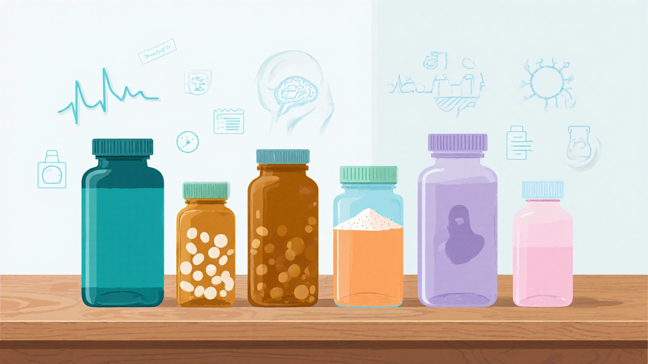 Medication bottles for six mood‑stabilising drugs arranged on a counter.