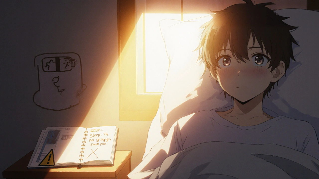 Morning sunrise shows refreshed person with sleep journal, hinting at doctor check‑up.