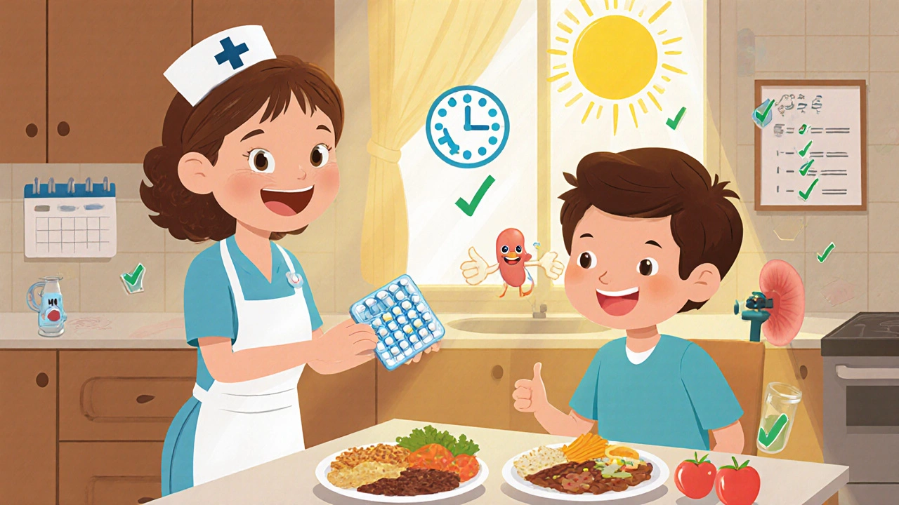 Nurse giving pills to a patient with meal times, kidney mascot, and calendar checks.