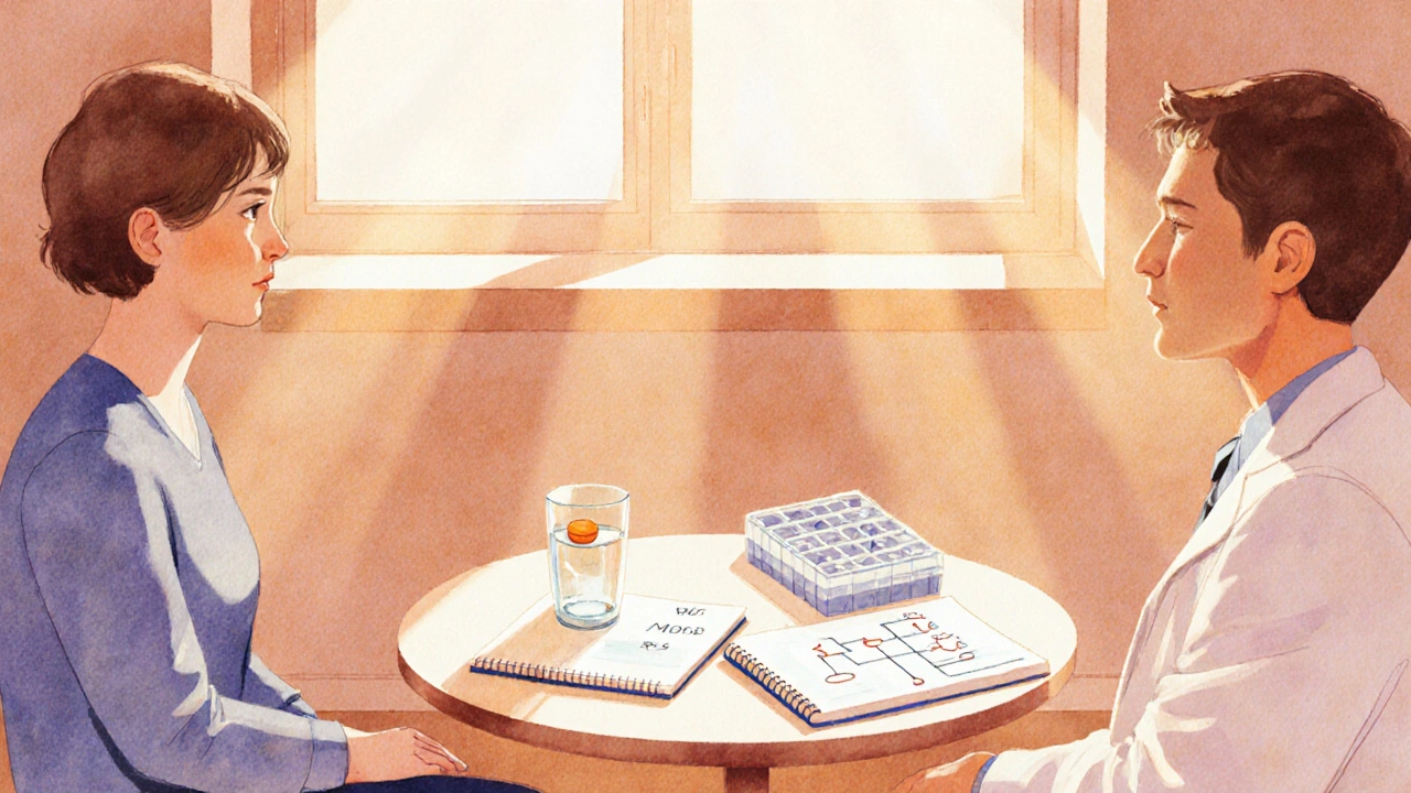 Patient and doctor discussing treatment options at a table.