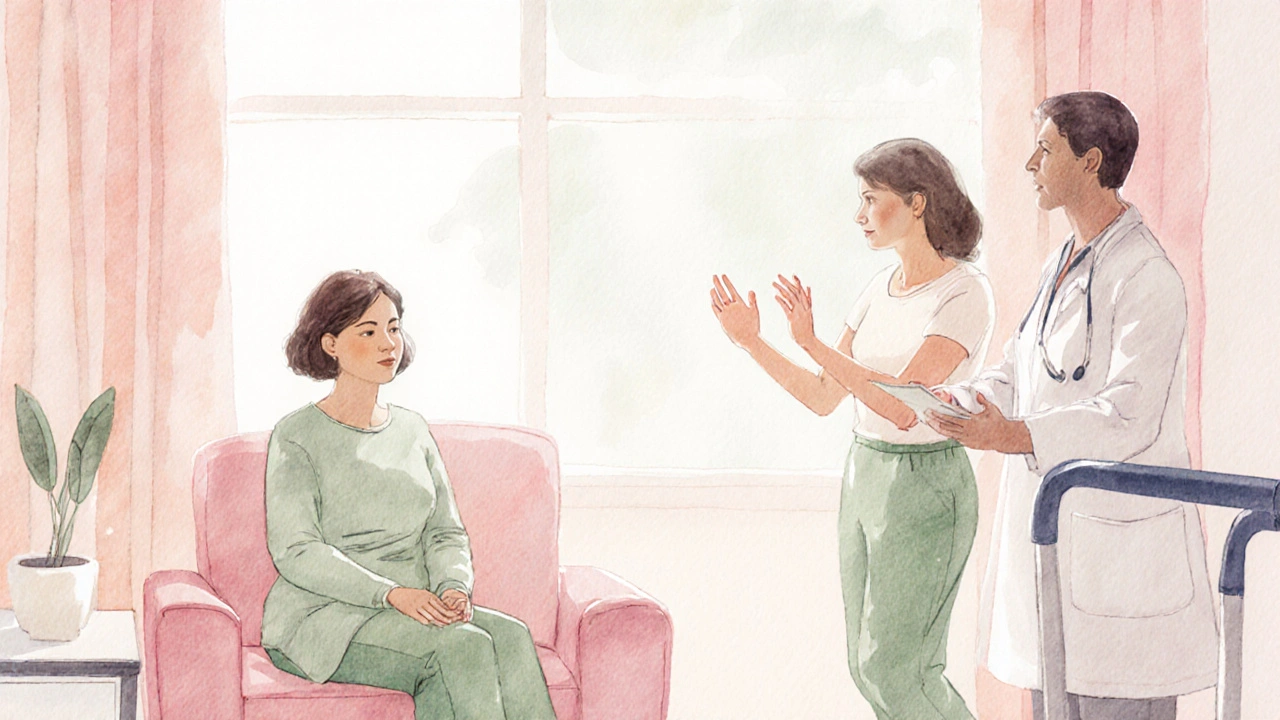 Patient receiving counseling and doing gentle rehabilitation exercises after surgery.