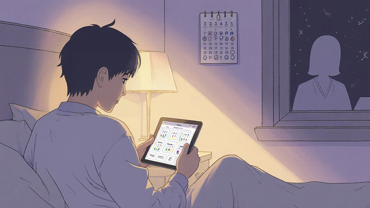 Patient reviewing treatment options on a tablet in a softly lit bedroom.