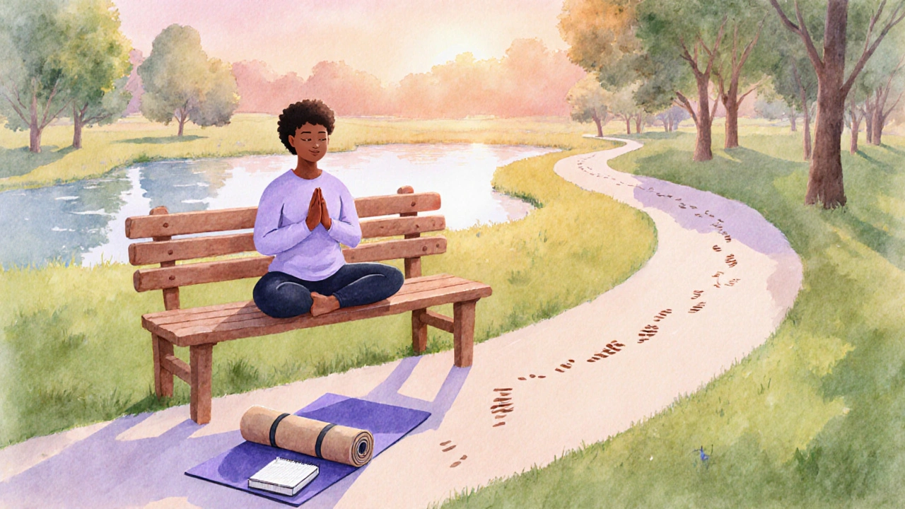 Person practicing mindful breathing on a park bench at sunrise, surrounded by nature.