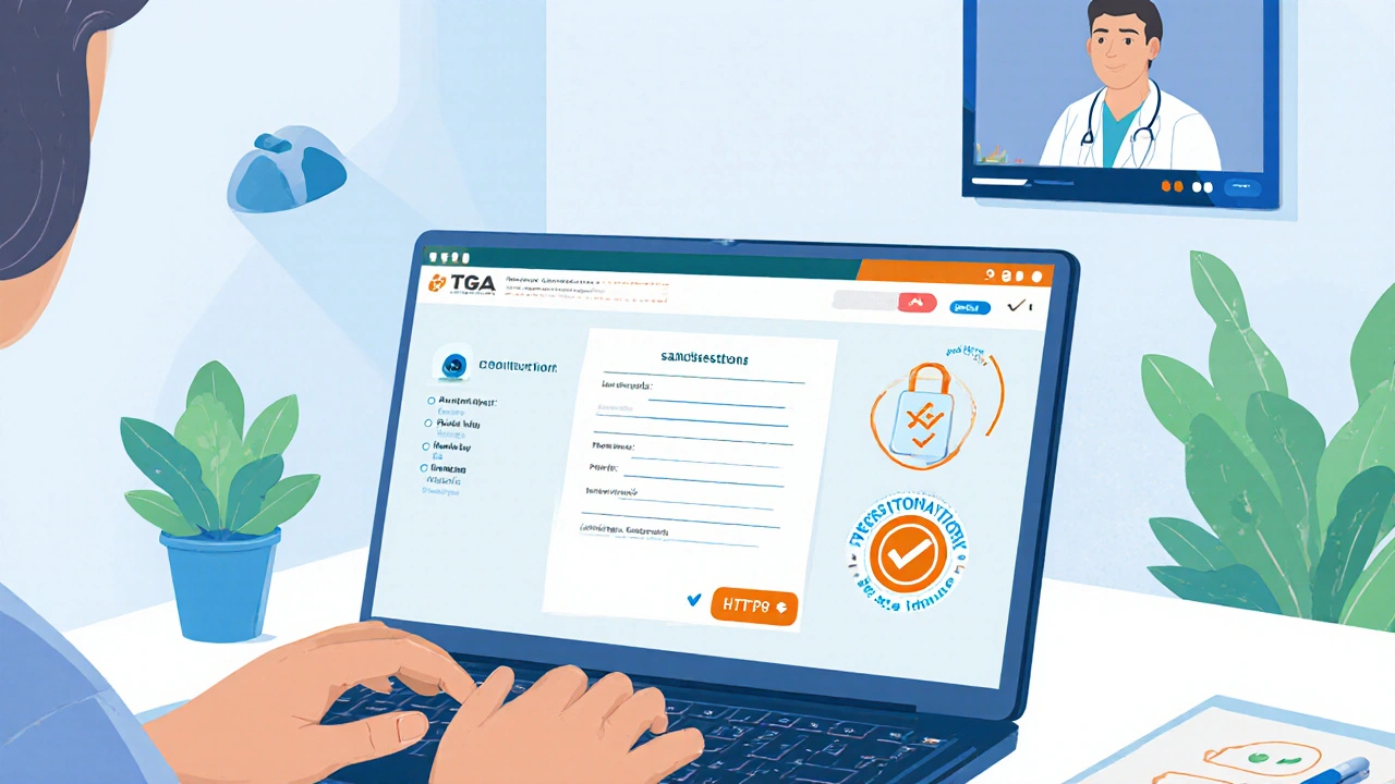 Person uploading a prescription on a laptop with HTTPS lock and TGA seal visible.