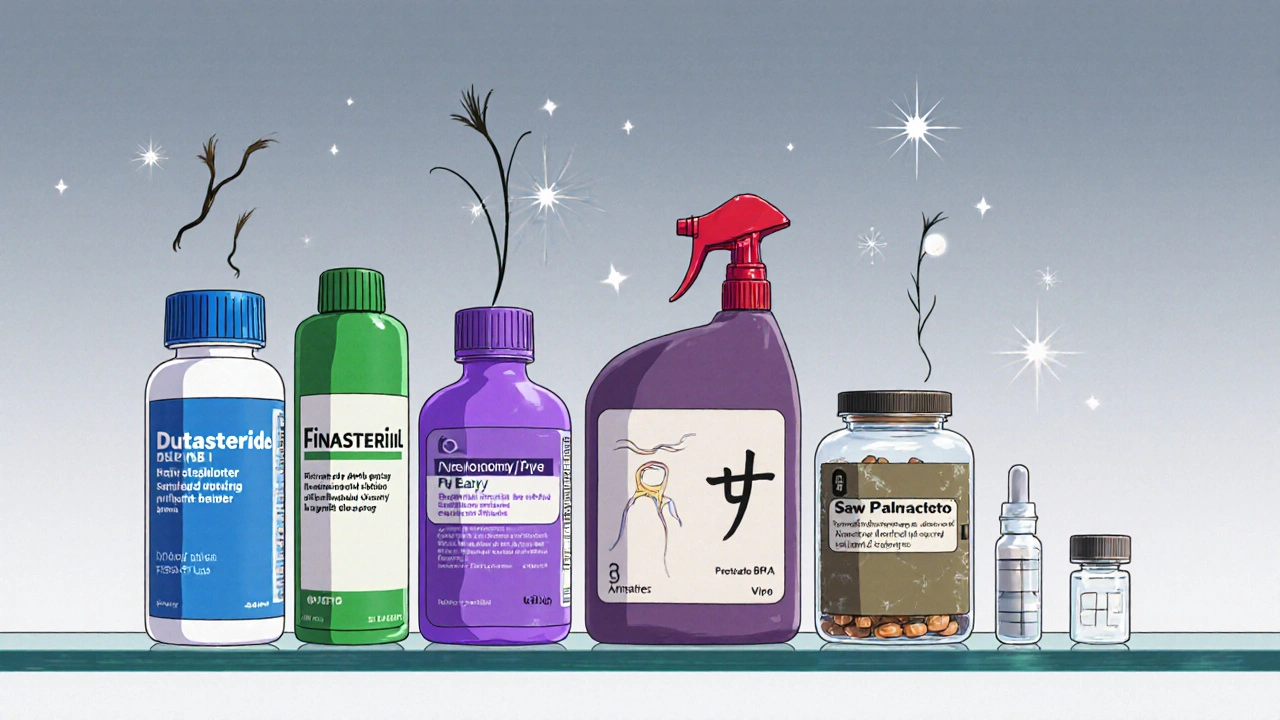 Row of medication bottles with visual icons for hair growth and prostate relief.