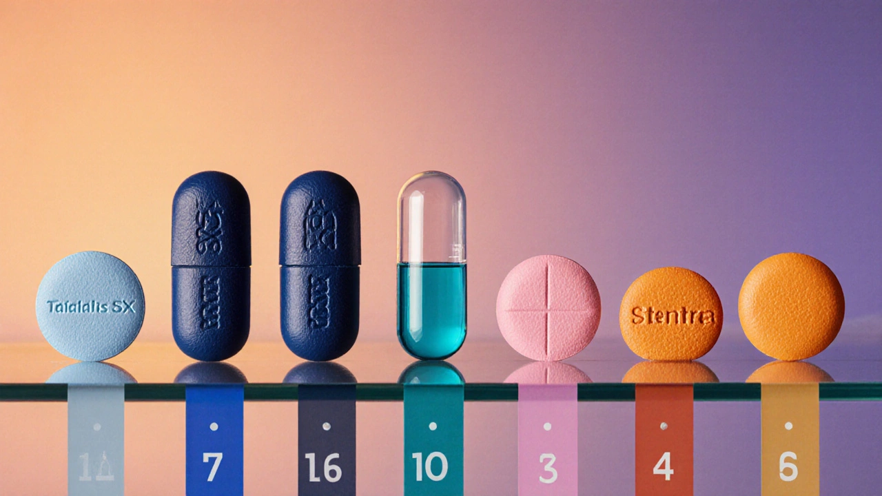 Six different ED pills lined up on a glass table with colored timeline ribbons indicating their durations.