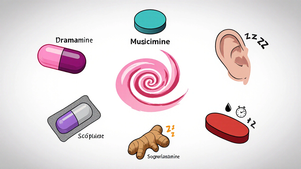 Six icons around a nausea swirl: Dramamine, Meclizine, Cyclizine, Scopolamine patch, ginger root, Diphenhydramine.