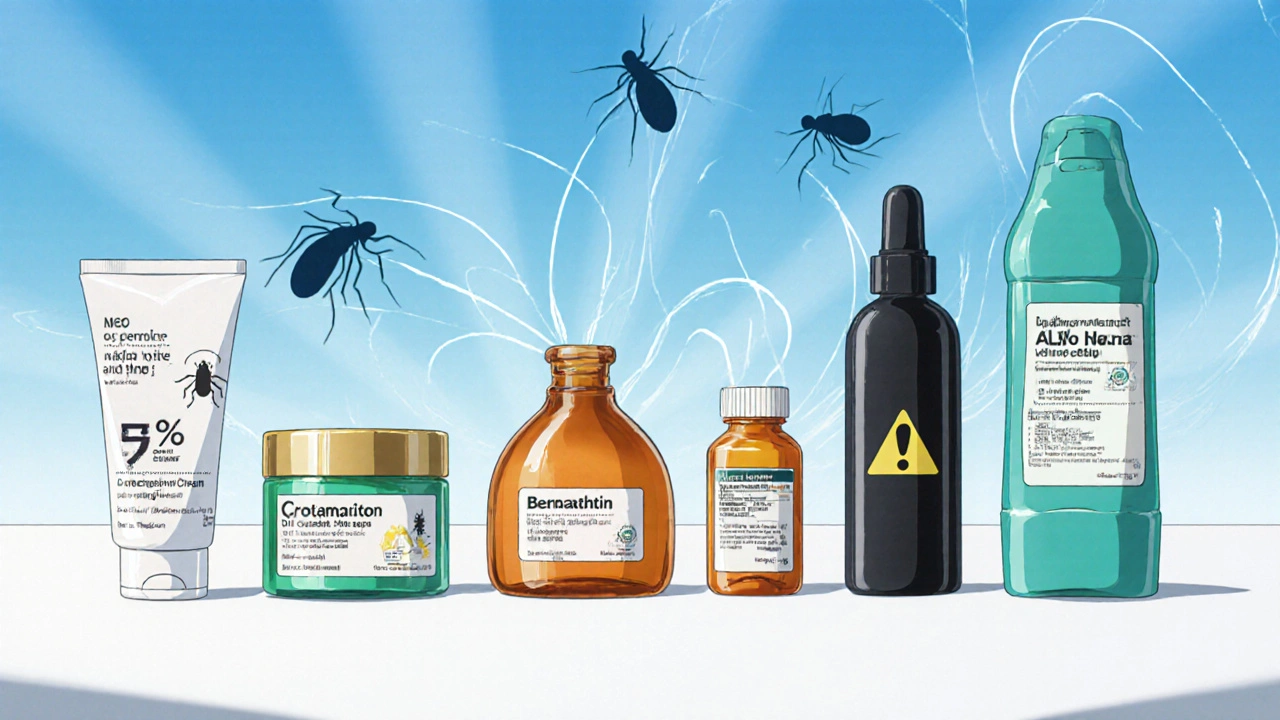 Six treatment products displayed side by side with mite and louse silhouettes.