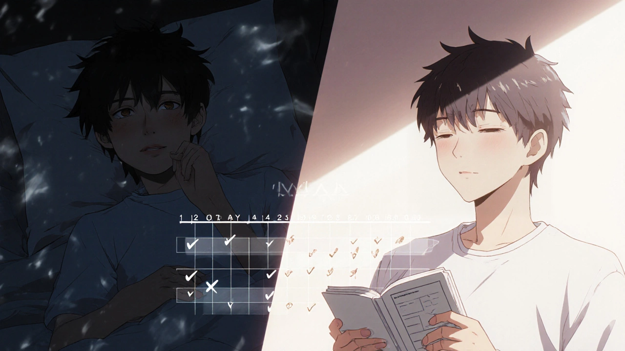 Split scene: person suffering from side effects vs. same person calm a week later with journal and sunlight.