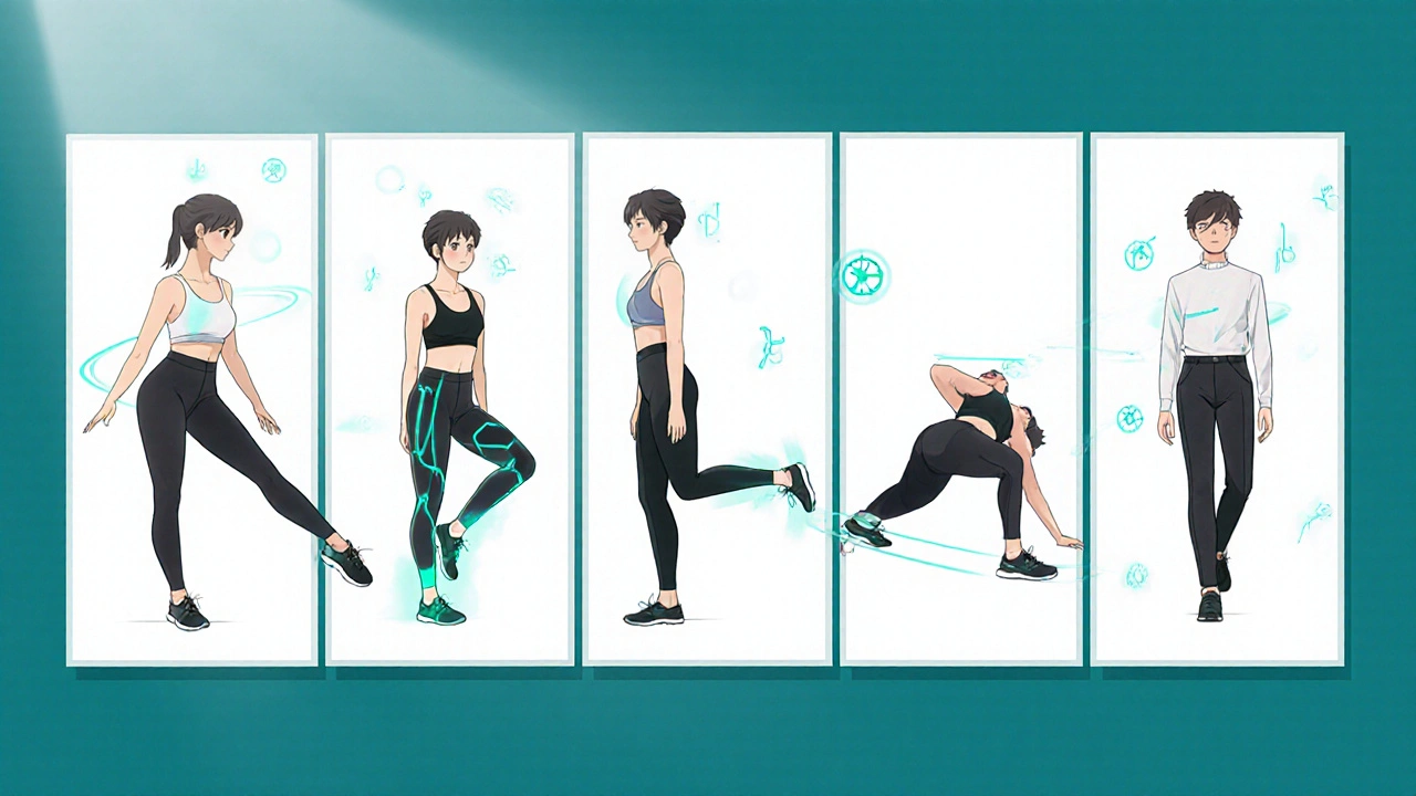 Split-screen of five beginner Pilates exercises with glowing core muscles.