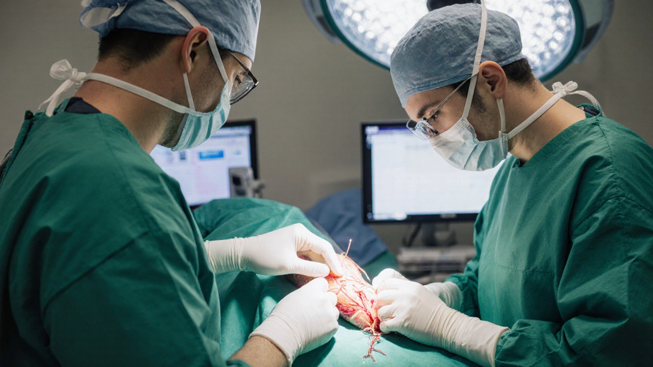 Surgeon attaching a forearm flap to a penis in an operating room.