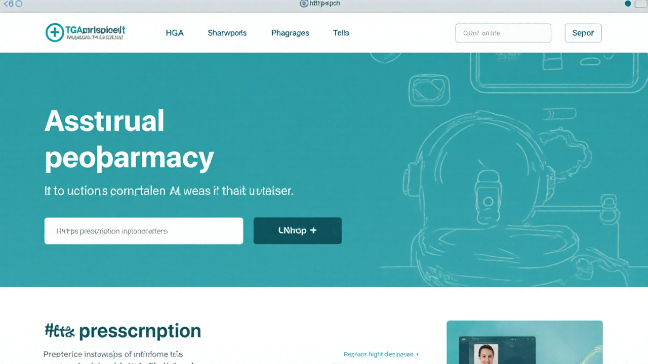 Tablet screen showing a secure pharmacy website with padlock and license info.