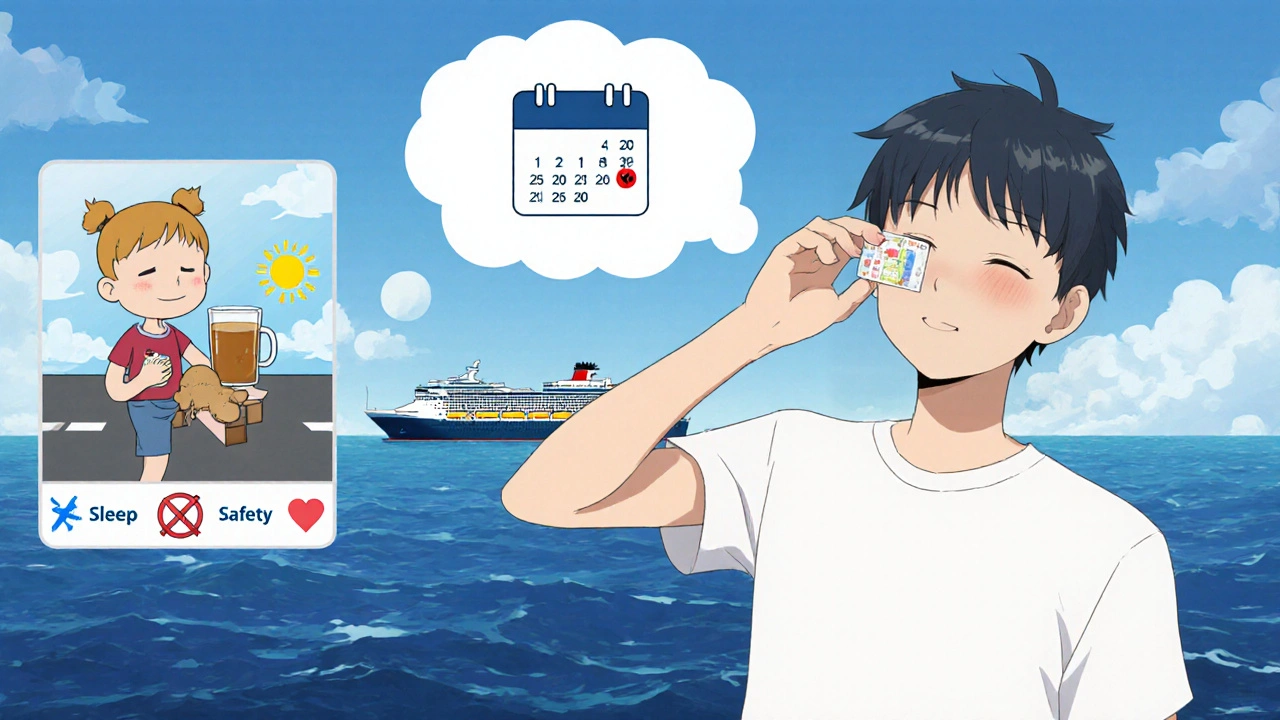 Traveler applying a scopolamine patch for a cruise, with a thought bubble of a calendar; another sipping ginger tea on a road trip.