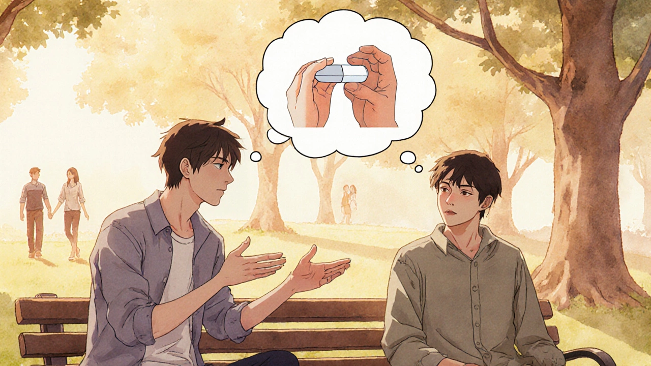 Two men talking on a bench, thought bubble shows PE treatment options.