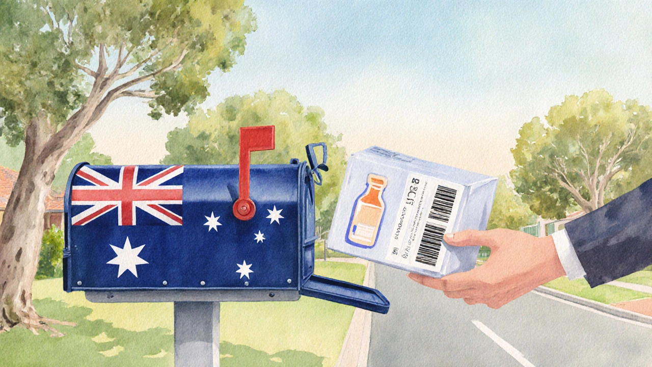 Watercolor of a courier delivering a medication parcel to an Australian mailbox on a sunny street.