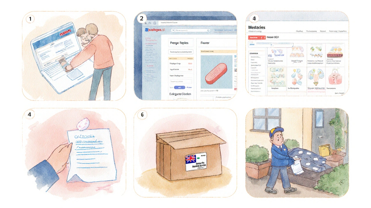 Watercolor sequence showing account creation, prescription upload, tablet selection, packaged shipment, delivery.