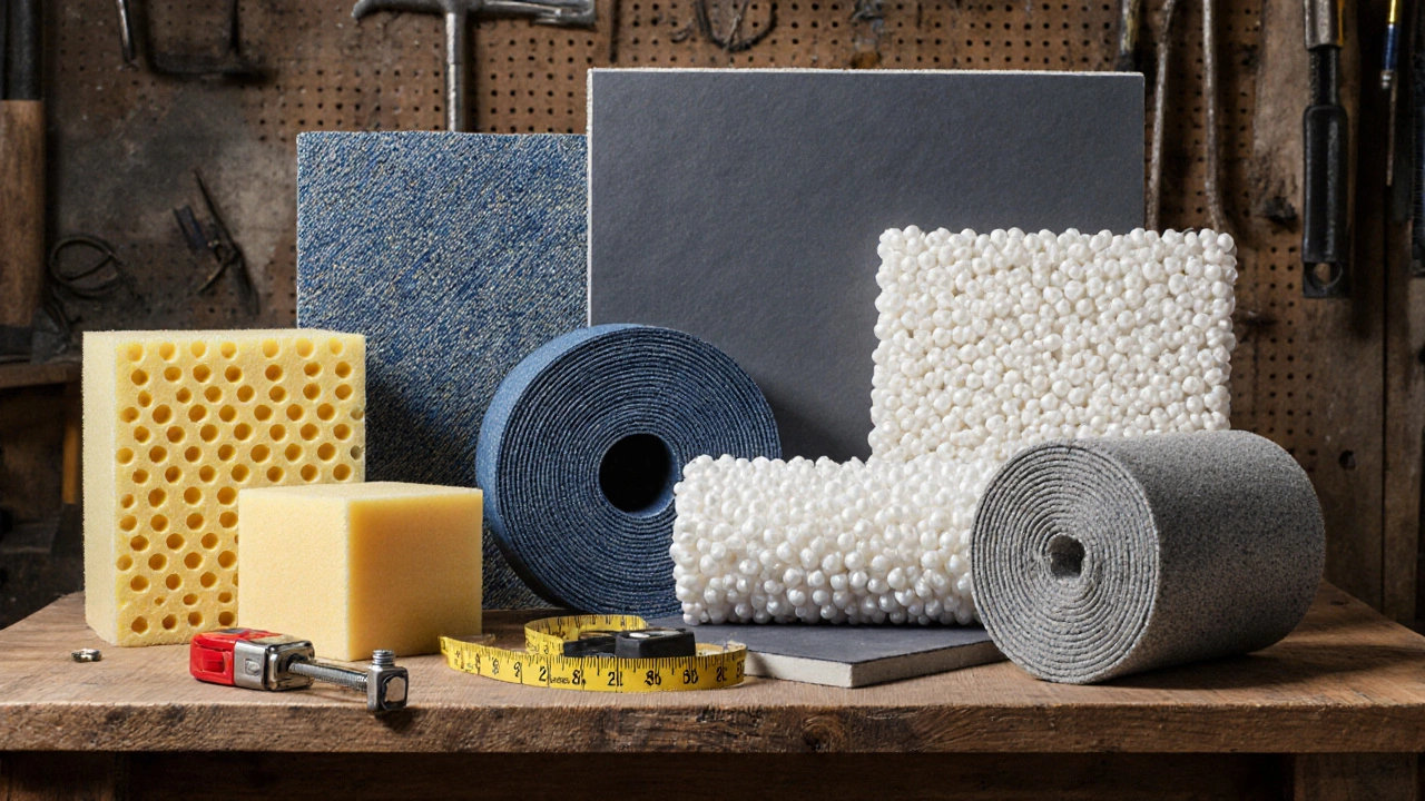 Workshop display of acoustic foam, denim batts, EPS panels, MLV sheet, and fiberglass panel.