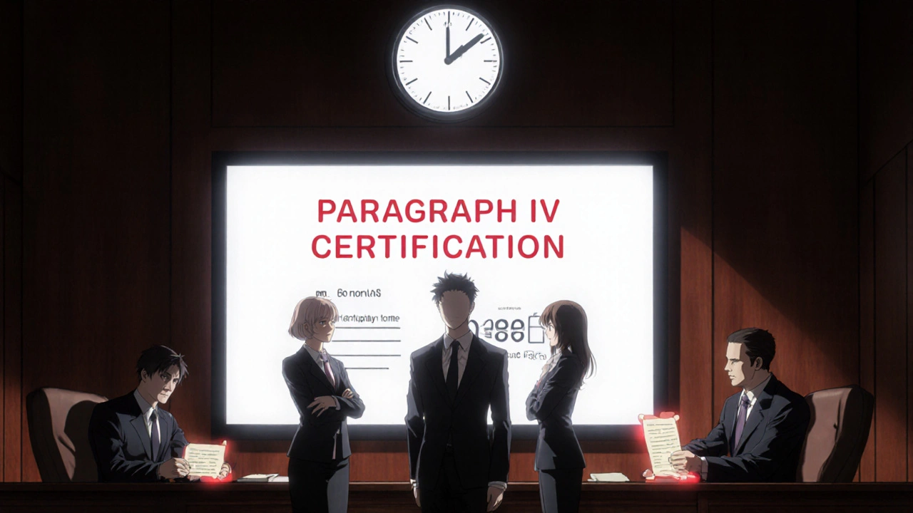 A courtroom scene with a Paragraph IV certification screen and a 30-month countdown timer.
