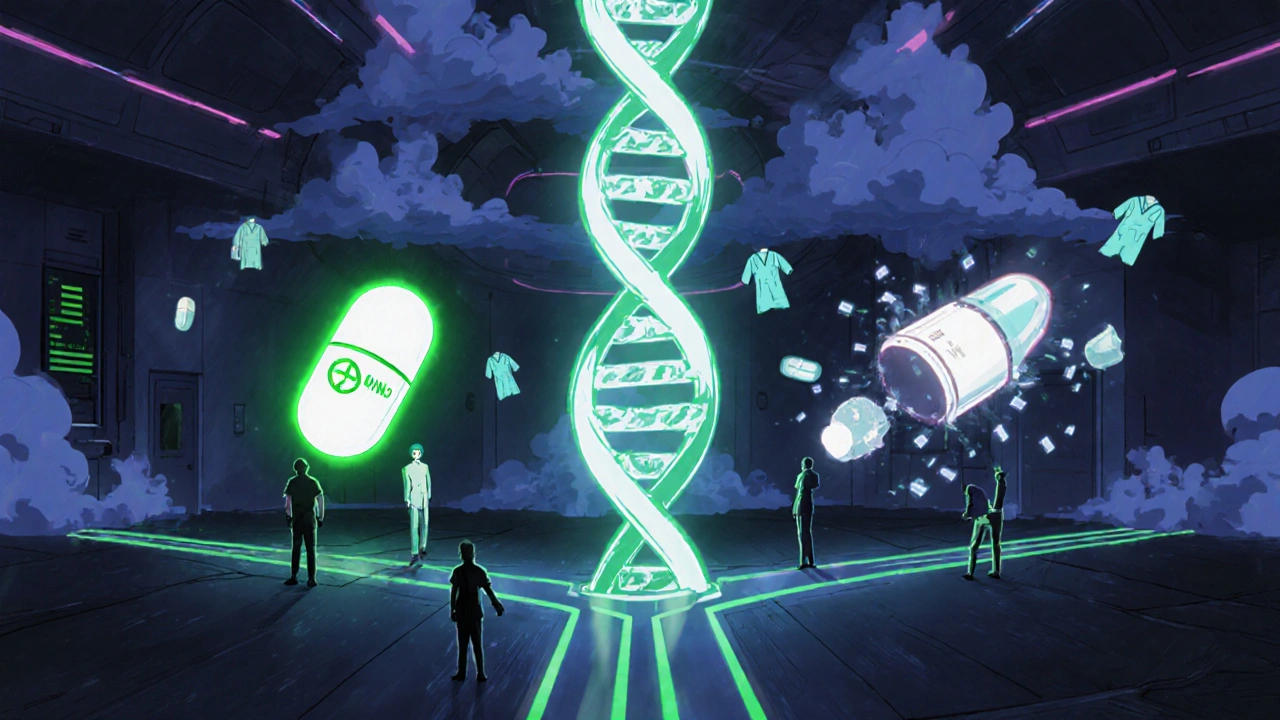 A DNA strand shows genetic risk for antidepressant-induced mania, with two paths: one to safety, one to collapse.