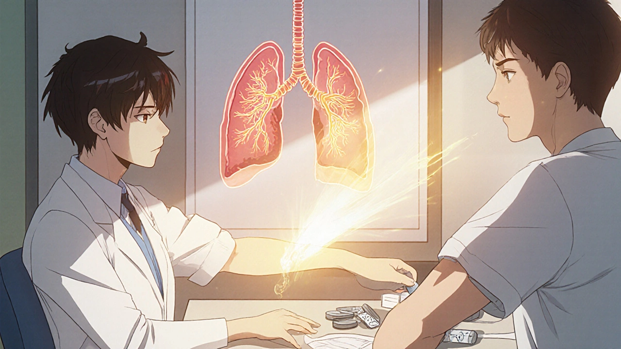 A doctor administering a biologic injection as glowing airway pathways illuminate the clinic.