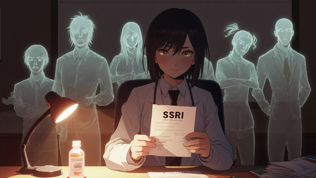 A patient holds an SSRI prescription while ghostly manic episodes loom behind them, with a mood stabilizer glowing safely on the desk.
