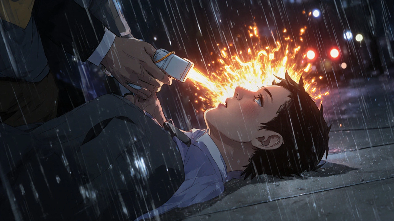 A person administers naloxone spray to an unconscious man on the sidewalk, emergency lights flashing nearby.