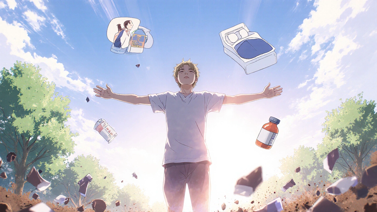 A person breathing freely in a park as steroid bottles crumble to dust around them.