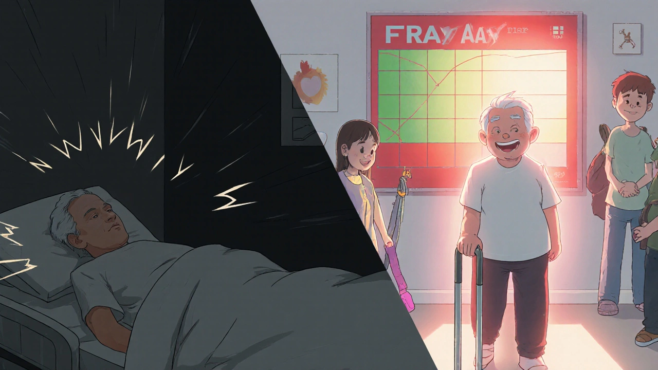 Before and after scene: one side shows fracture recovery, the other shows active, confident aging.