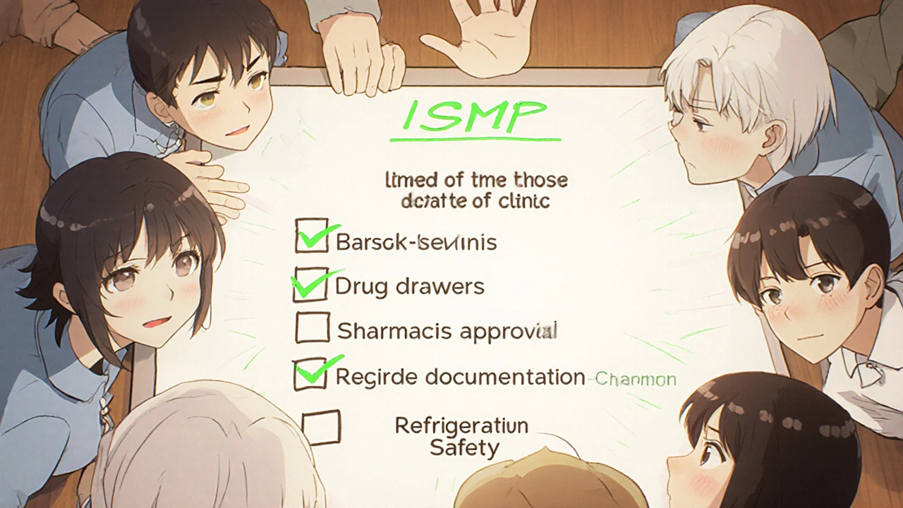 Clinic team celebrating safety checklist completion with glowing green checkmarks.